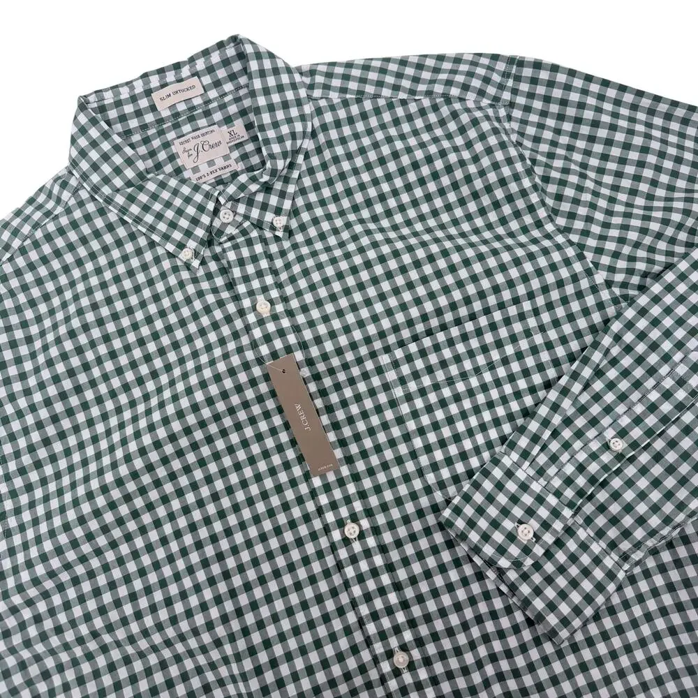 J. Crew Men's Size XL‎ Slim Untucked Green & White Check Cotton Casual Shirt NWT